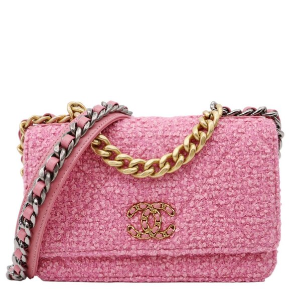 Chanel  19 Flap Wool Tweed Wallet On Chain Shoulder Bag Pink - Picture 1 of 15